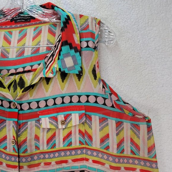 BCBGMaxazria Chiffon Collar Tribal Colorful Sheer Hi Low Western Boho Tunic Top - Picture 3 of 11